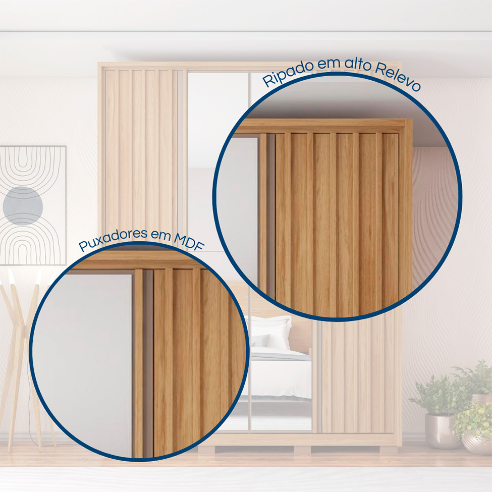 Guarda-Roupa Solteiro com Espelho New Apollo Ripado 4 Portas 3 Gavetas Buriti e Fendi