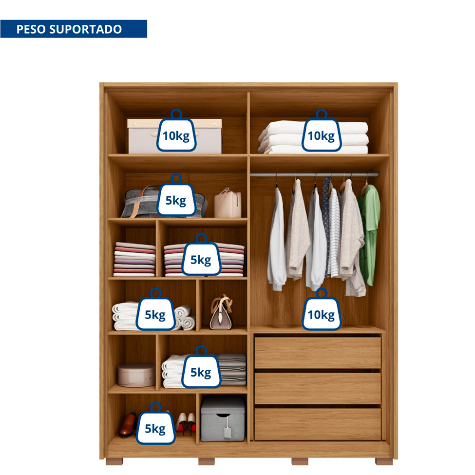 Guarda-Roupa Solteiro com Espelho New Apollo Ripado 4 Portas 3 Gavetas Buriti e Fendi