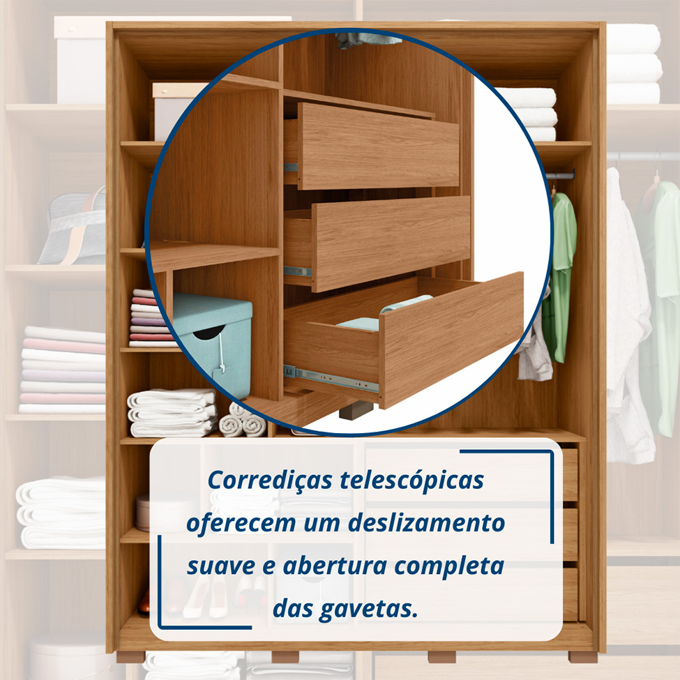 Guarda-Roupa Solteiro com Espelho New Apollo Ripado 4 Portas 3 Gavetas Buriti e Fendi