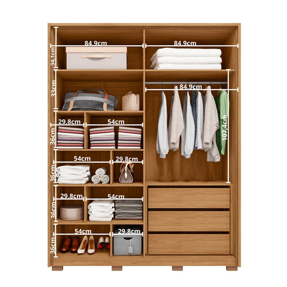Guarda-Roupa Solteiro com Espelho New Apollo Ripado 4 Portas 3 Gavetas Buriti e Off White