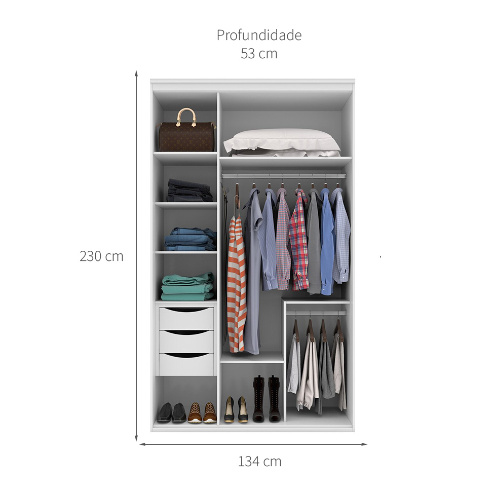 Guarda-Roupa Solteiro com Espelho Originale 3 Portas 3 Gavetas Branco 134 cm