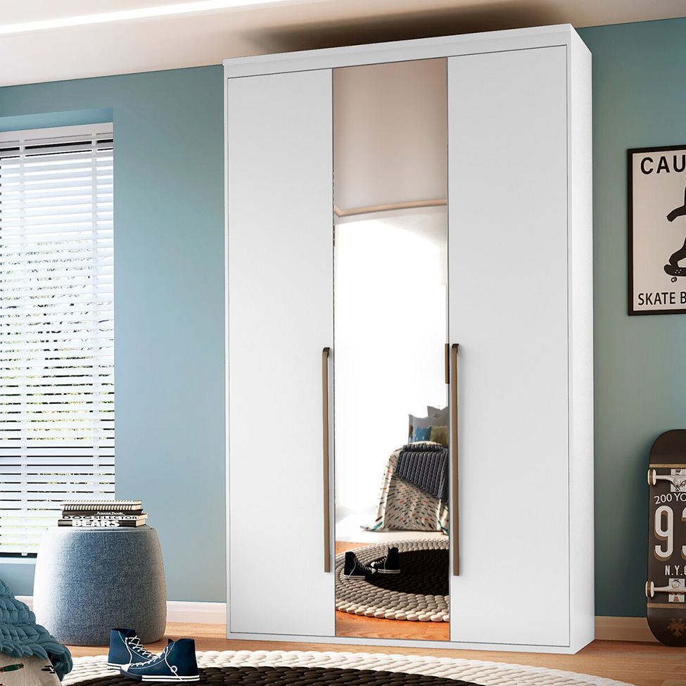 Guarda-Roupa Solteiro com Espelho Originale 3 Portas 3 Gavetas Branco 134 cm