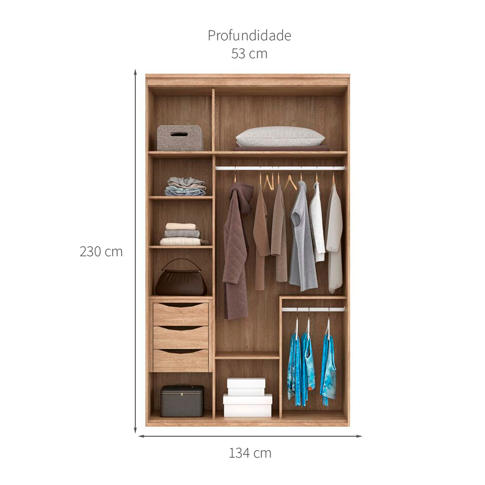 Guarda-Roupa Solteiro com Espelho Originale 3 Portas 3 Gavetas Carvalho e Off White 134 cm