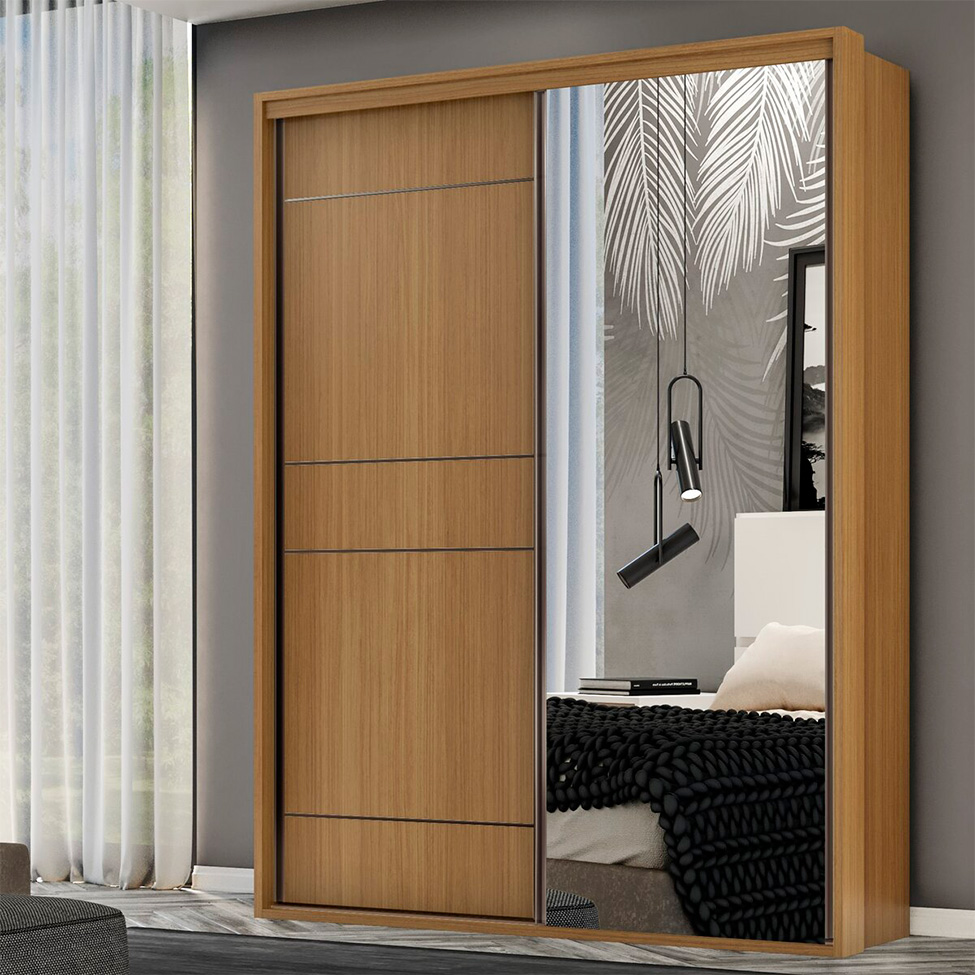 Guarda-Roupa Solteiro com Espelho Qualitá 100% MDF 2 PT 3 GV Freijó