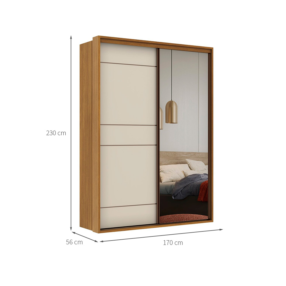 Guarda-Roupa Solteiro com Espelho Qualitá 100% MDF 2 Portas 3 Gavetas Freijó e Off White