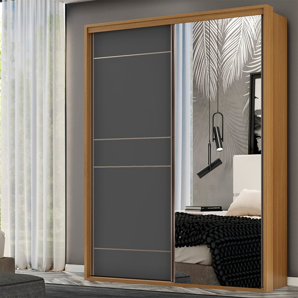 Guarda-Roupa Solteiro com Espelho Qualitá 100% MDF 2 Portas 3 Gavetas Freijó e Titânio
