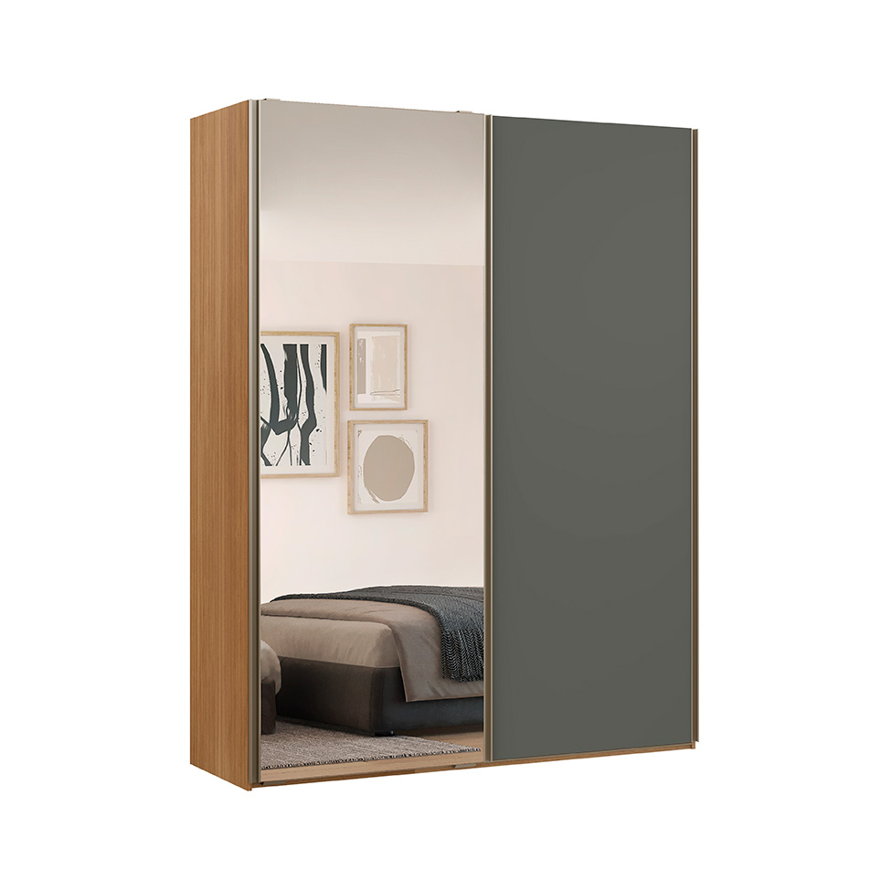 Guarda-Roupa Solteiro com Espelho Raffinato 100% MDF 2 Portas Freijó e Titânio