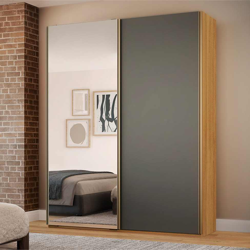 Guarda-Roupa Solteiro com Espelho Raffinato 100% MDF 2 Portas Freijó e Titânio