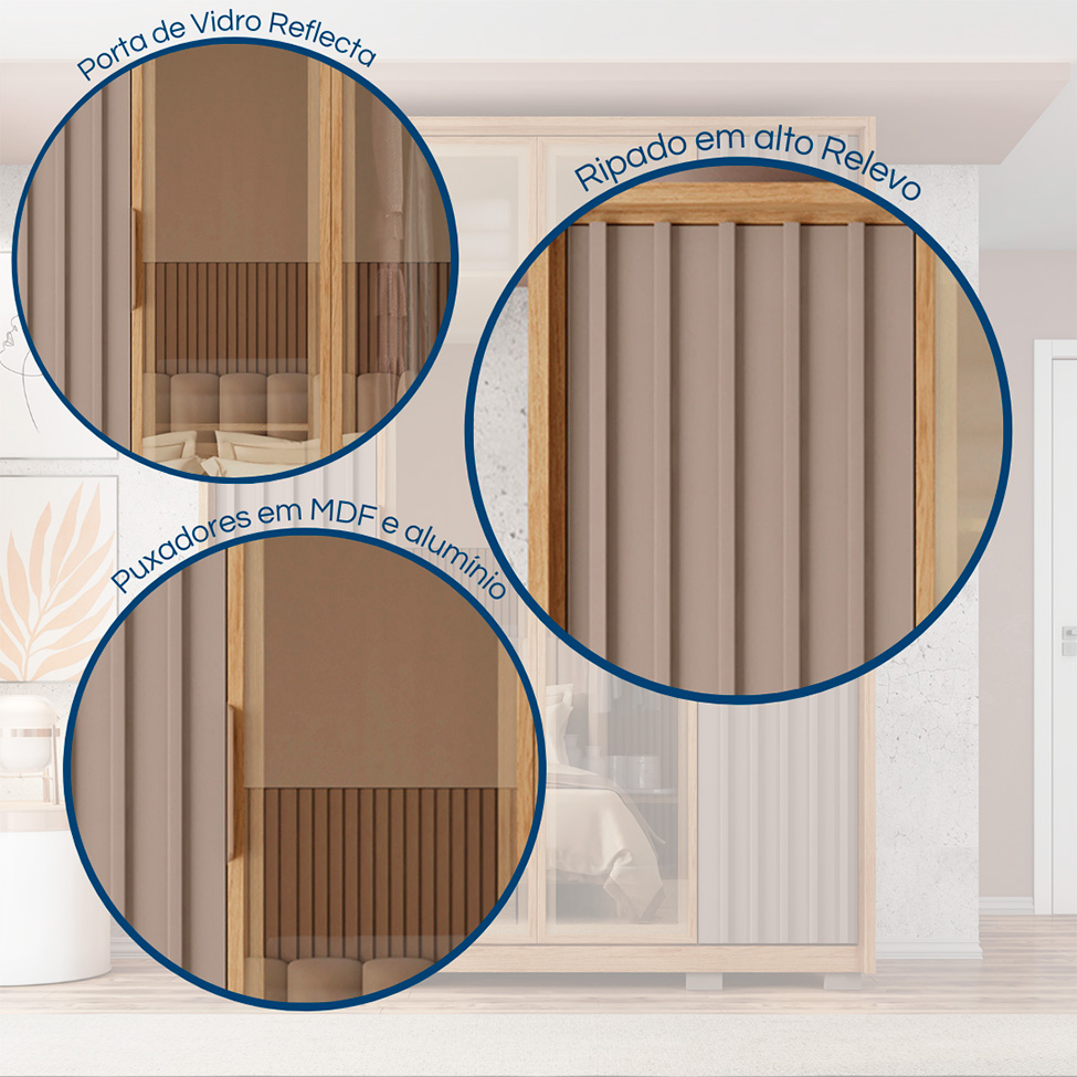 Guarda-Roupa Solteiro com Espelho Reflecta Centurium Ripado 4 Portas 3 Gavetas Buriti e Fendi