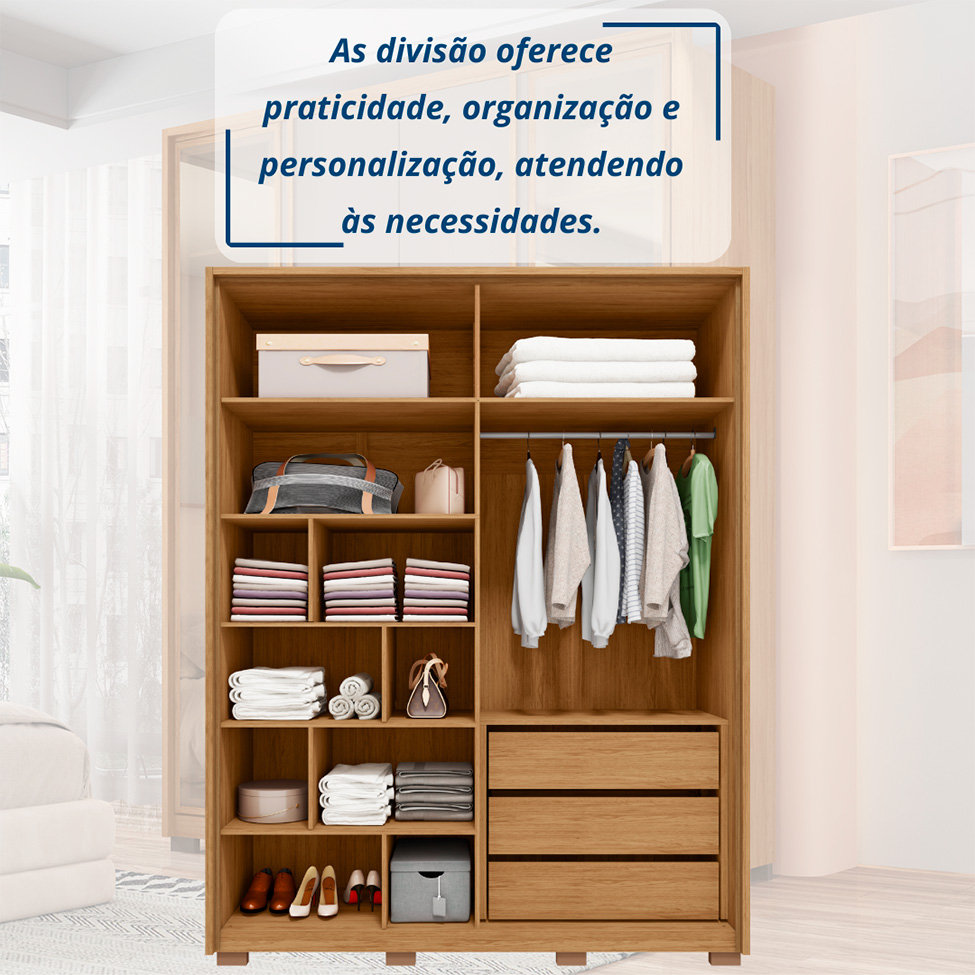 Guarda-Roupa Solteiro com Espelho Reflecta New Cristal 4 Portas 3 Gavetas Buriti e Fendi