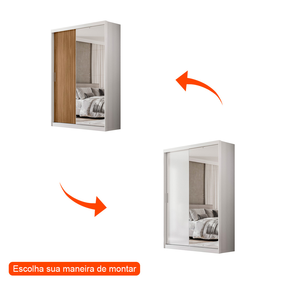 Guarda-Roupa Solteiro com Espelho Riva Flex 2 Portas 4 Gavetas Branco e Amêndola