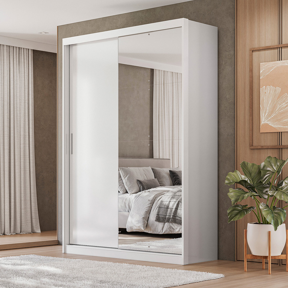 Guarda-Roupa Solteiro com Espelho Riva Flex 2 Portas 4 Gavetas Branco e Amêndola