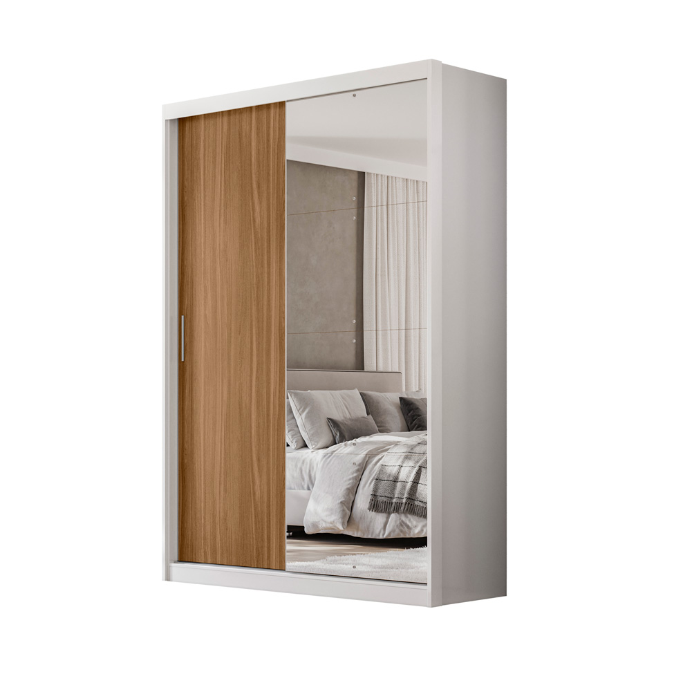 Guarda-Roupa Solteiro com Espelho Riva Flex 2 Portas 4 Gavetas Branco e Amêndola