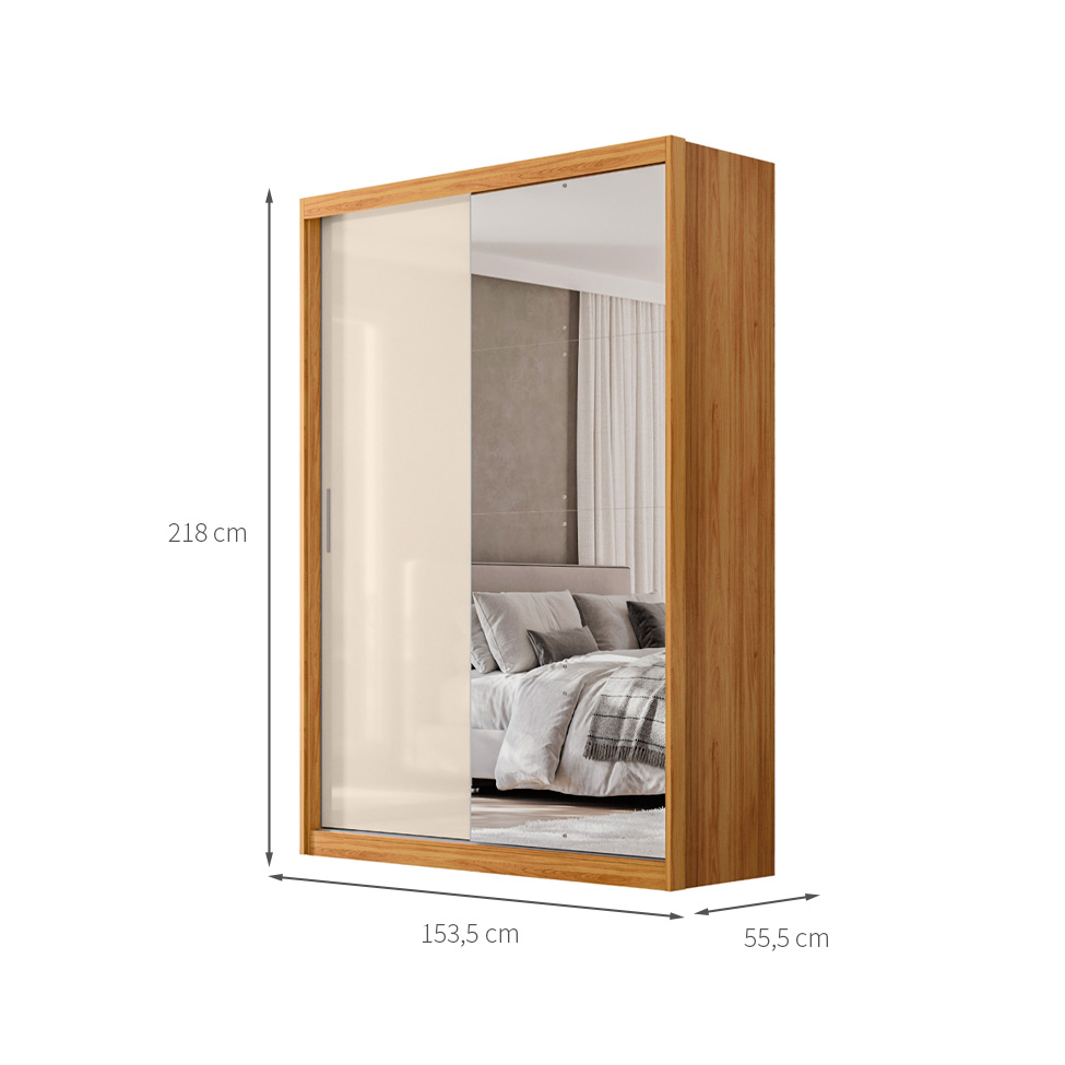 Guarda-Roupa Solteiro com Espelho Riva Flex 2 Portas 4 Gavetas Cinamomo e Off White