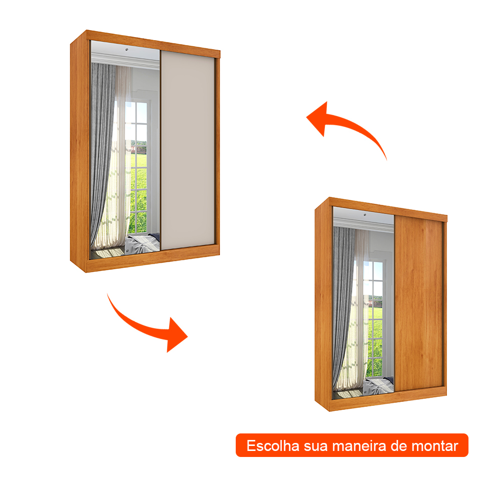 Guarda-Roupa Solteiro com Espelho Roma Flex 2 Portas 2 Gavetas Cinamomo e Off White