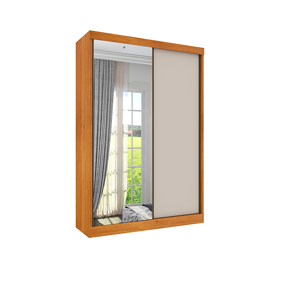 Guarda-Roupa Solteiro com Espelho Roma Flex 2 Portas 2 Gavetas Cinamomo e Off White
