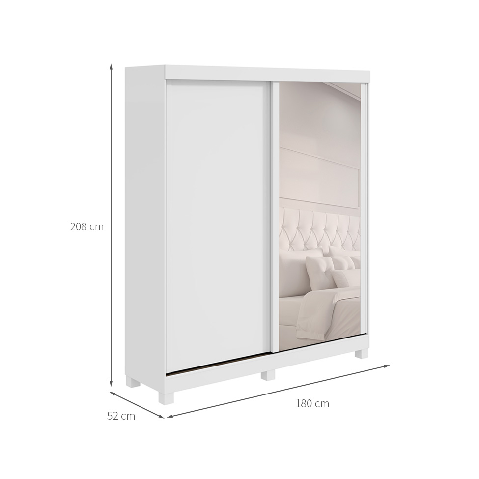Guarda-Roupa Solteiro com Espelho Zeine com Pés 2 Portas 2 Gavetas Branco
