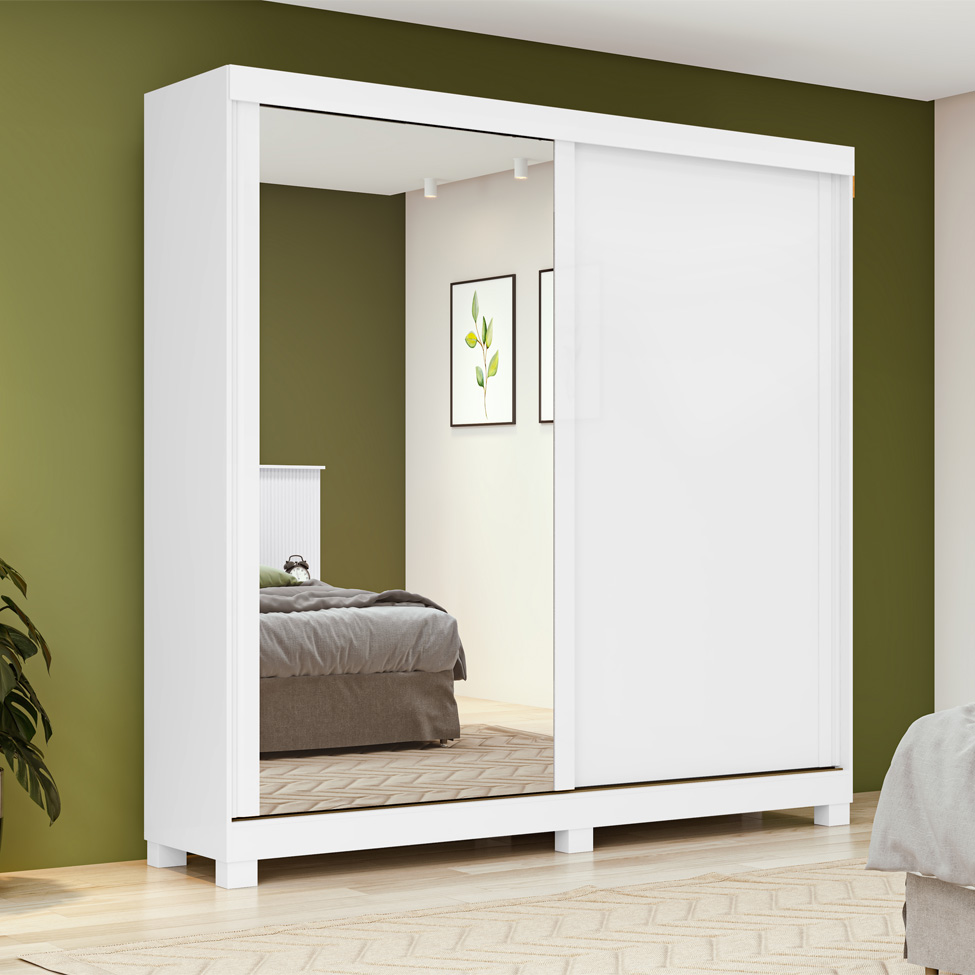 Guarda-Roupa Solteiro com Espelho Zeine com Pés 2 Portas 2 Gavetas Branco