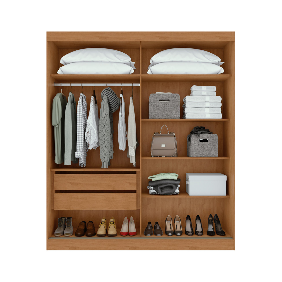 Guarda-Roupa Solteiro com Espelho Zeine com Pés 2 Portas 2 Gavetas Off White e Amêndoa