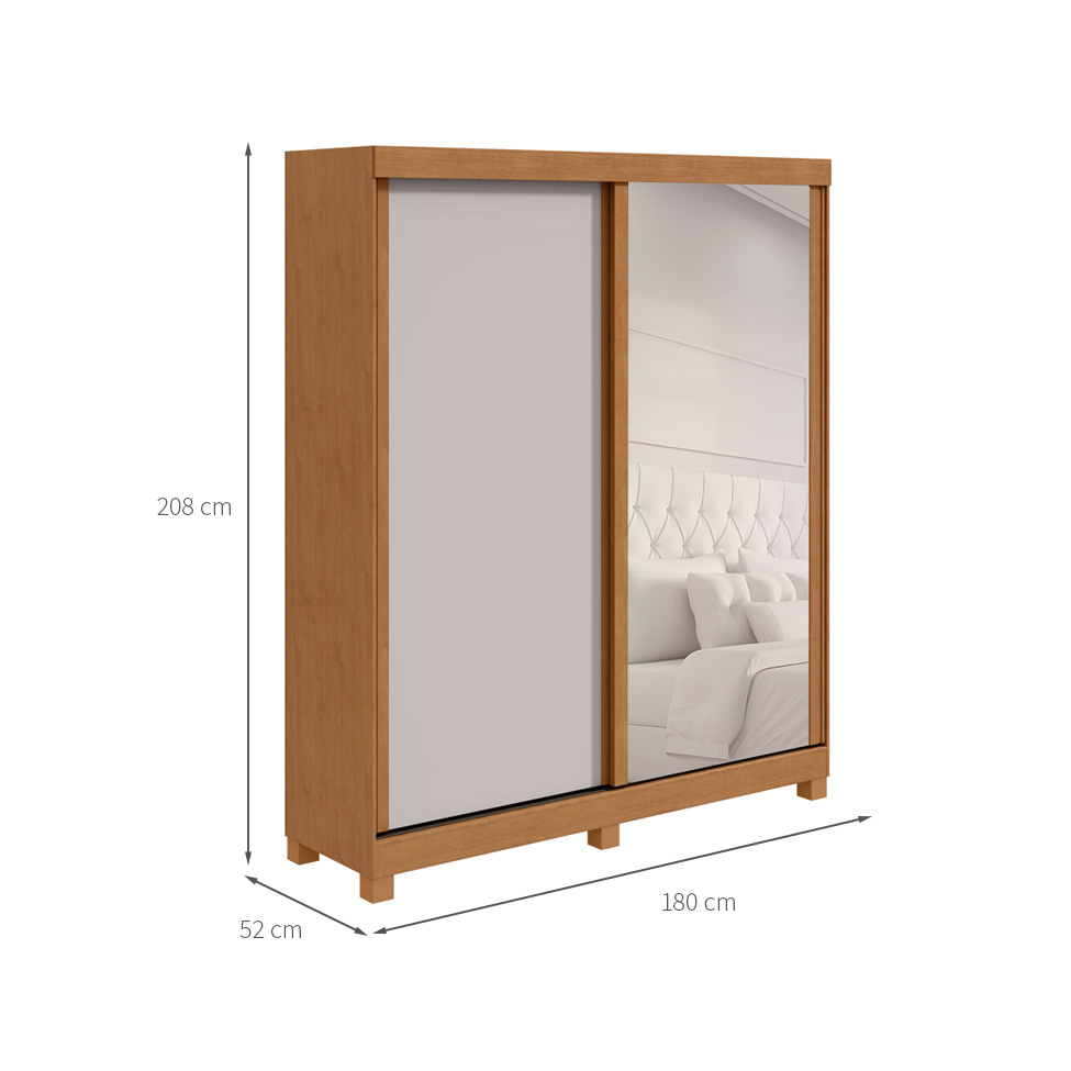 Guarda-Roupa Solteiro com Espelho Zeine com Pés 2 Portas 2 Gavetas Off White e Amêndoa