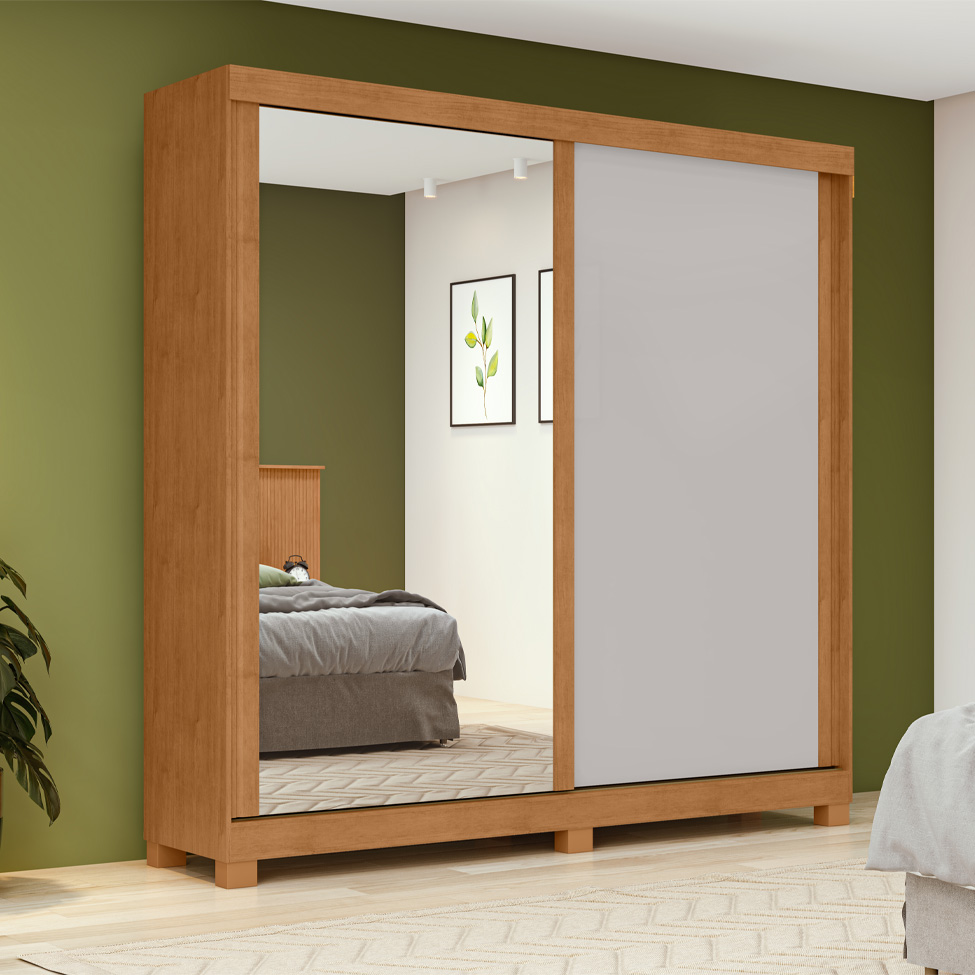 Guarda-Roupa Solteiro com Espelho Zeine com Pés 2 Portas 2 Gavetas Off White e Amêndoa