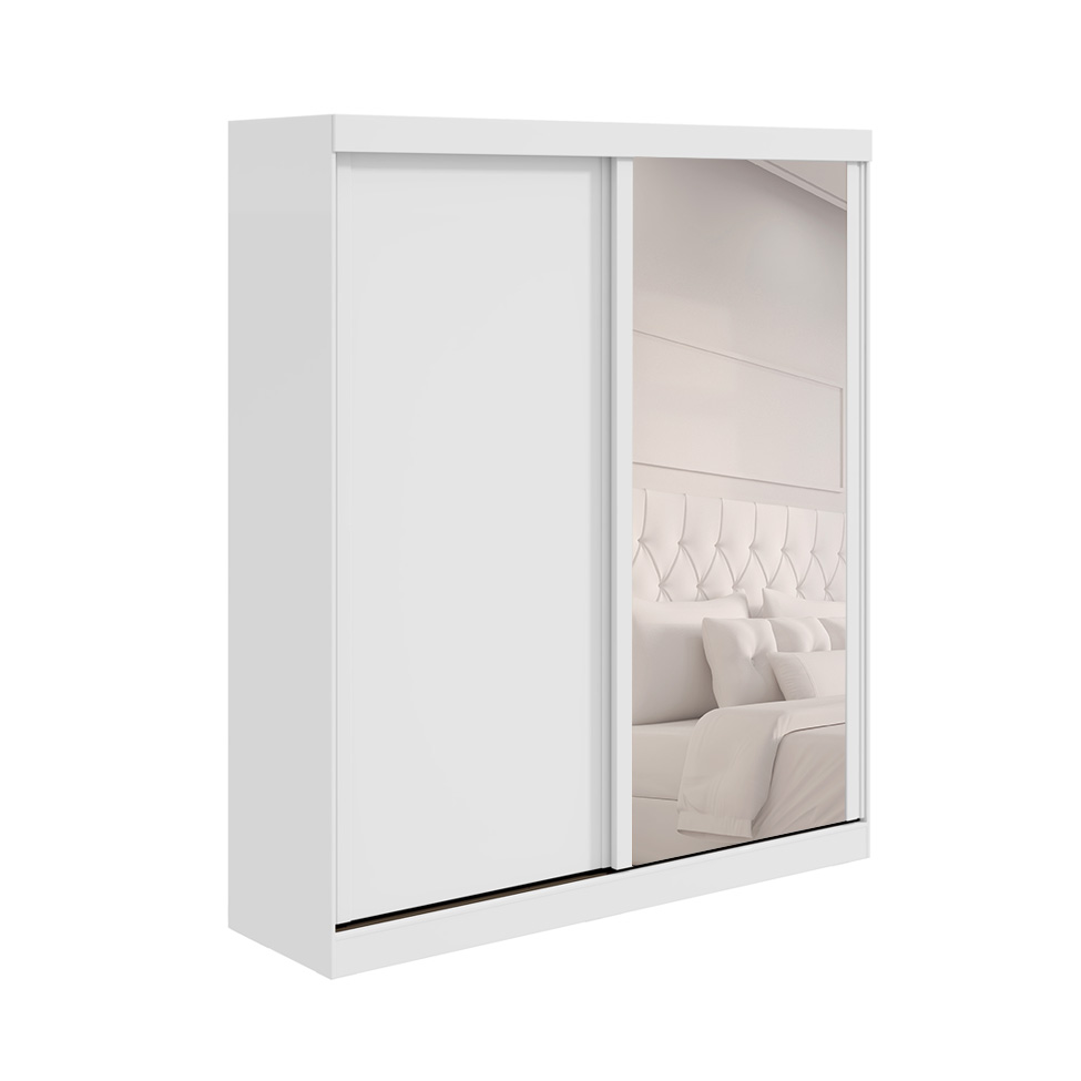 Guarda-Roupa Solteiro com Espelho Zeine sem Pés 2 Portas 2 Gavetas Branco
