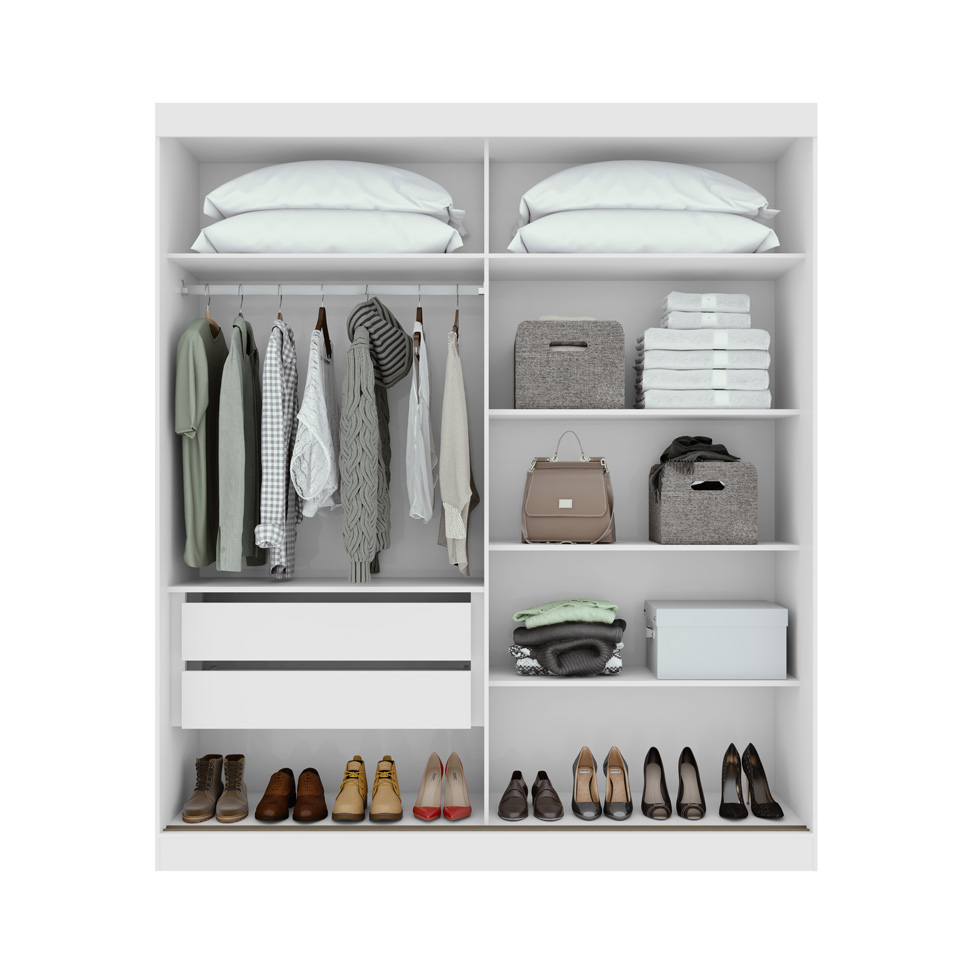 Guarda-Roupa Solteiro com Espelho Zeine sem Pés 2 Portas 2 Gavetas Branco