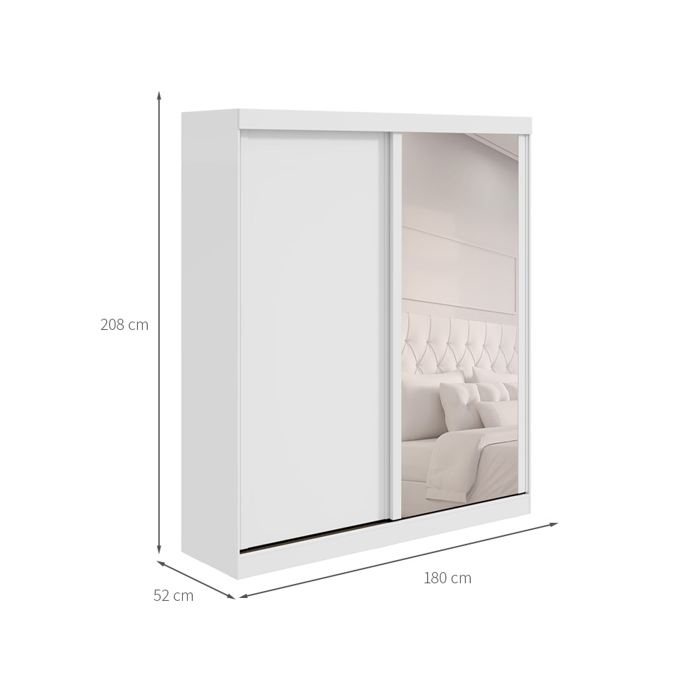 Guarda-Roupa Solteiro com Espelho Zeine sem Pés 2 Portas 2 Gavetas Branco