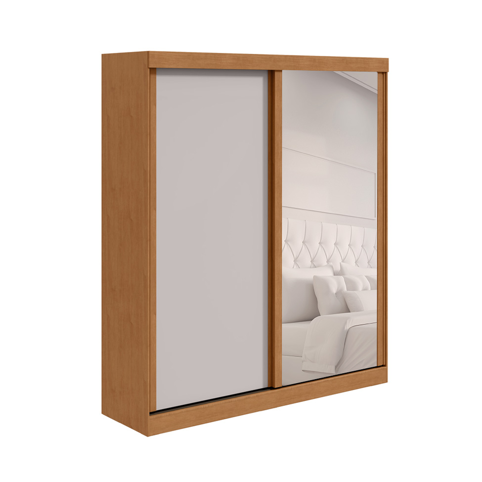 Guarda-Roupa Solteiro com Espelho Zeine sem Pés 2 Portas 2 Gavetas Off White e Amêndoa