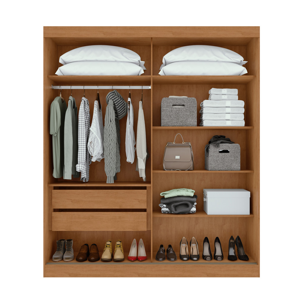 Guarda-Roupa Solteiro com Espelho Zeine sem Pés 2 Portas 2 Gavetas Off White e Amêndoa