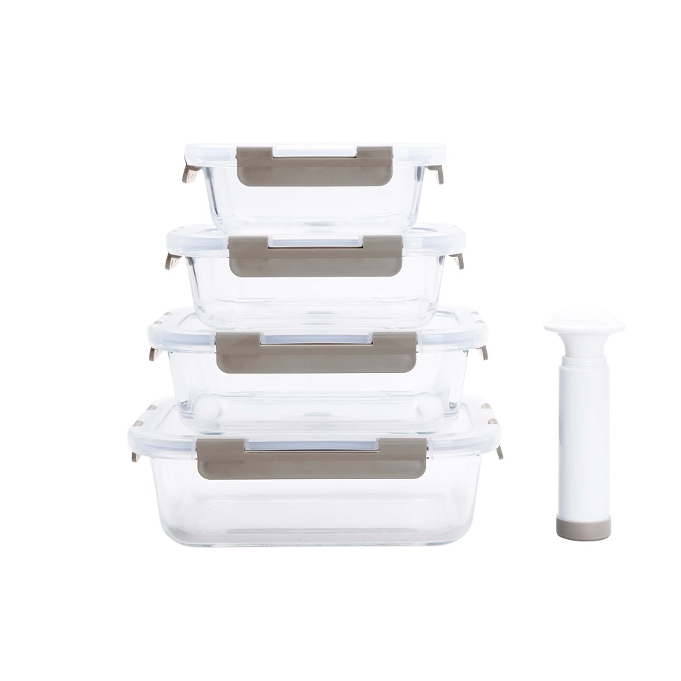 Jogo de 4 Potes de Mantimento com Bomba Manual Fit Transparente