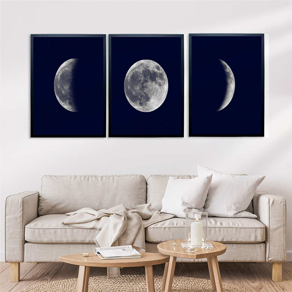 Kit com 3 Quadros Contemporâneo Fases da Lua sem Vidro Colorido