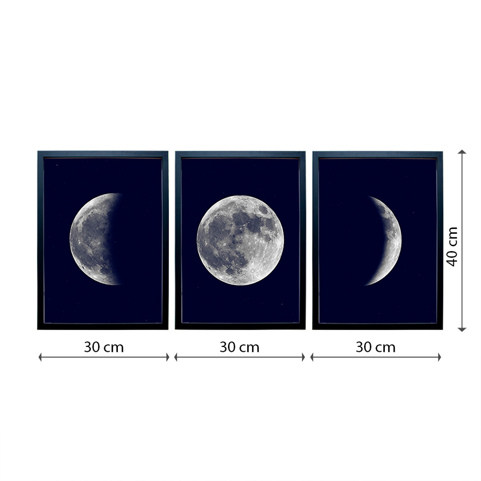 Kit com 3 Quadros Contemporâneo Fases da Lua sem Vidro Colorido