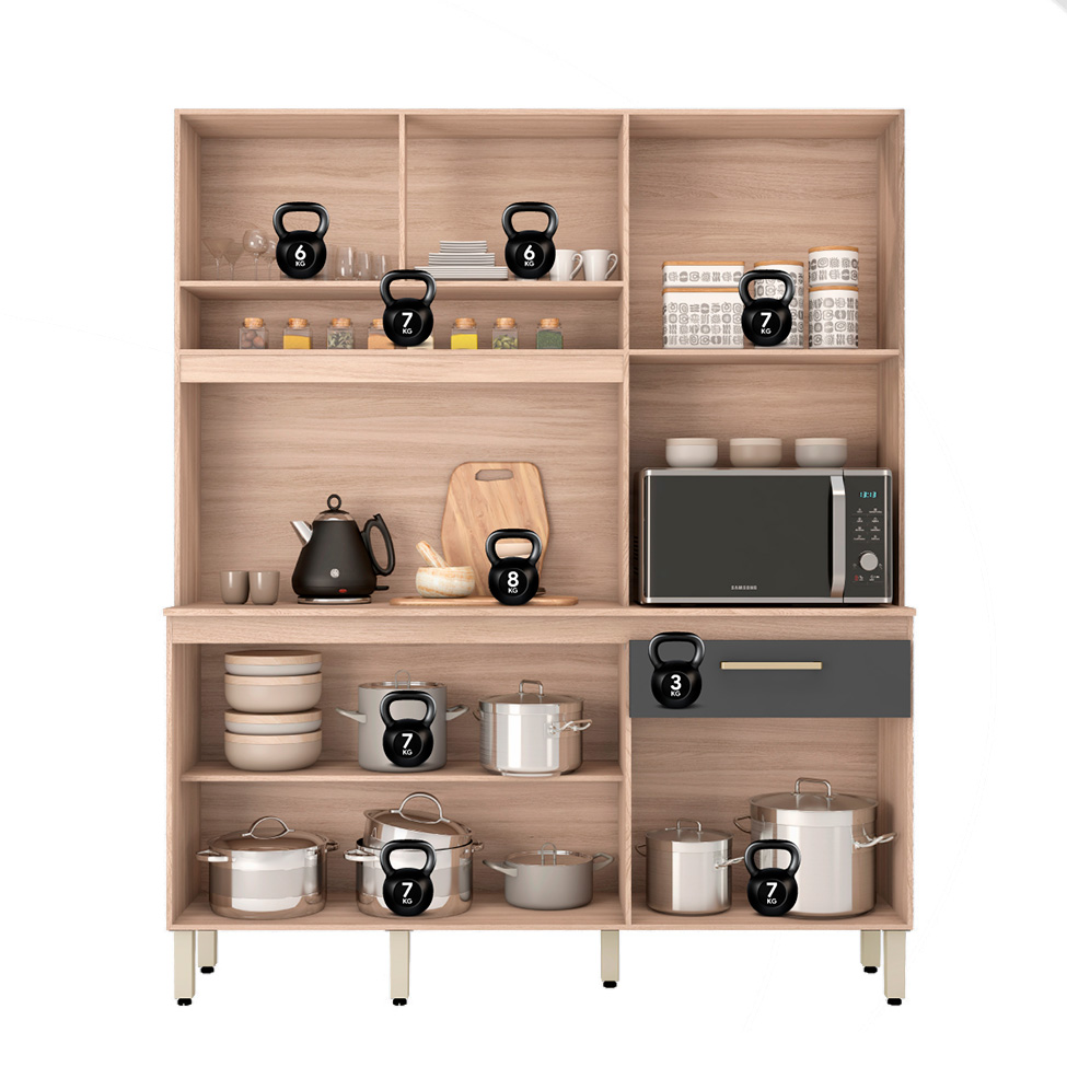 Kit de Cozinha Álamo 6 Portas 1 Gaveta Avena e Grafite