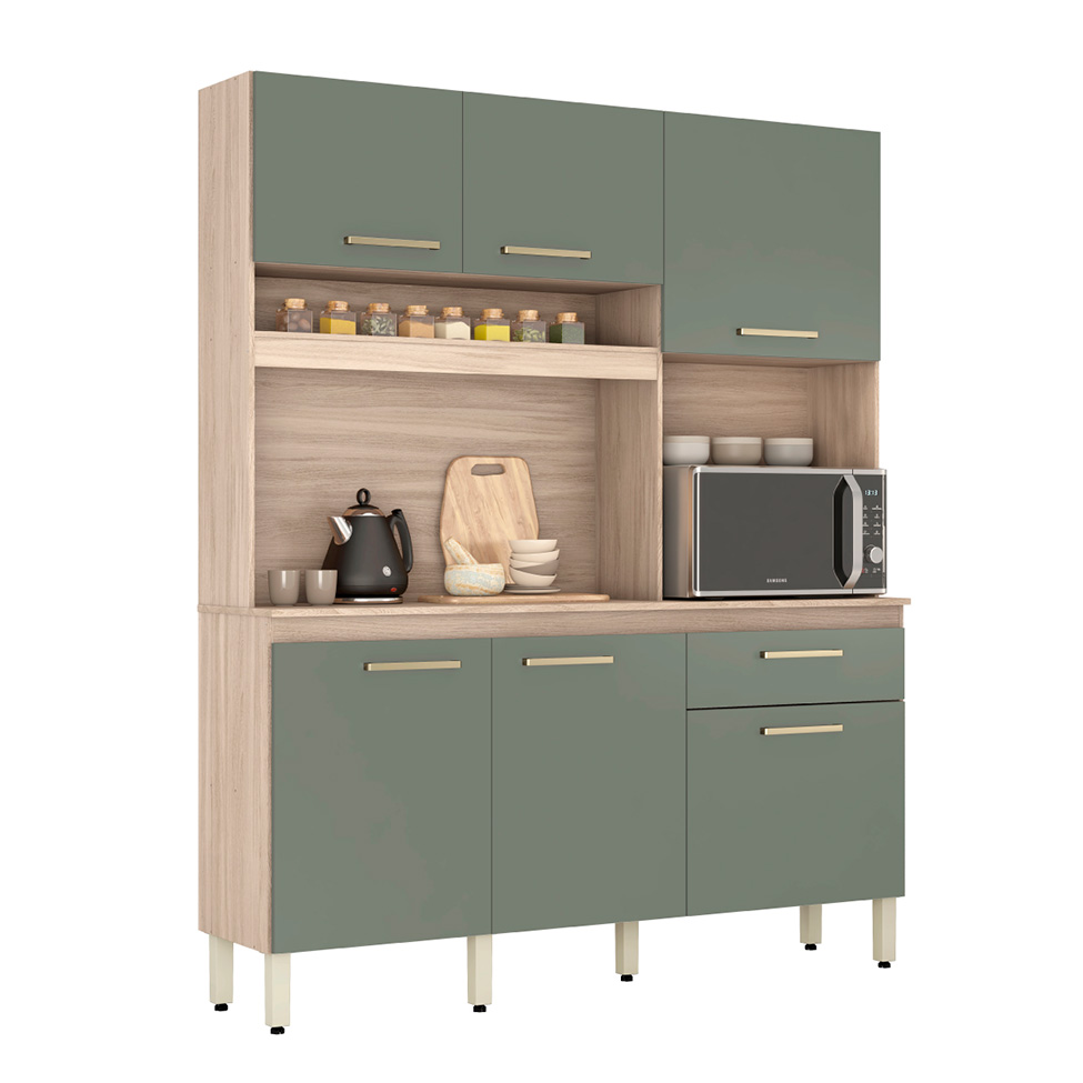 Kit de Cozinha Álamo 6 Portas 1 Gaveta Avena e Menta