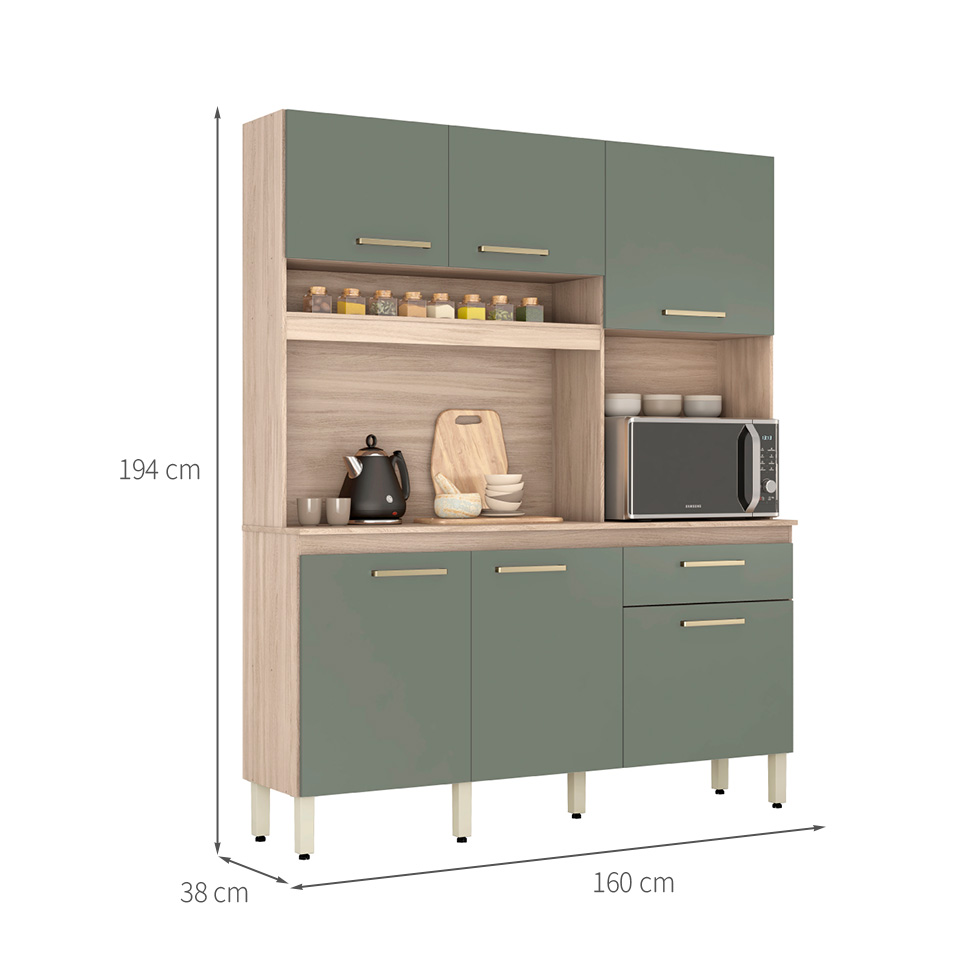 Kit de Cozinha Álamo 6 Portas 1 Gaveta Avena e Menta