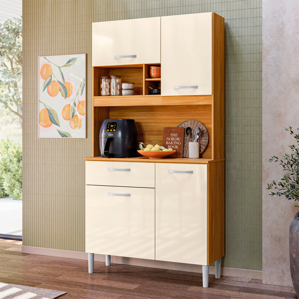 Kit de Cozinha Malta 4 Portas 1 Gaveta Off White e Cinamomo
