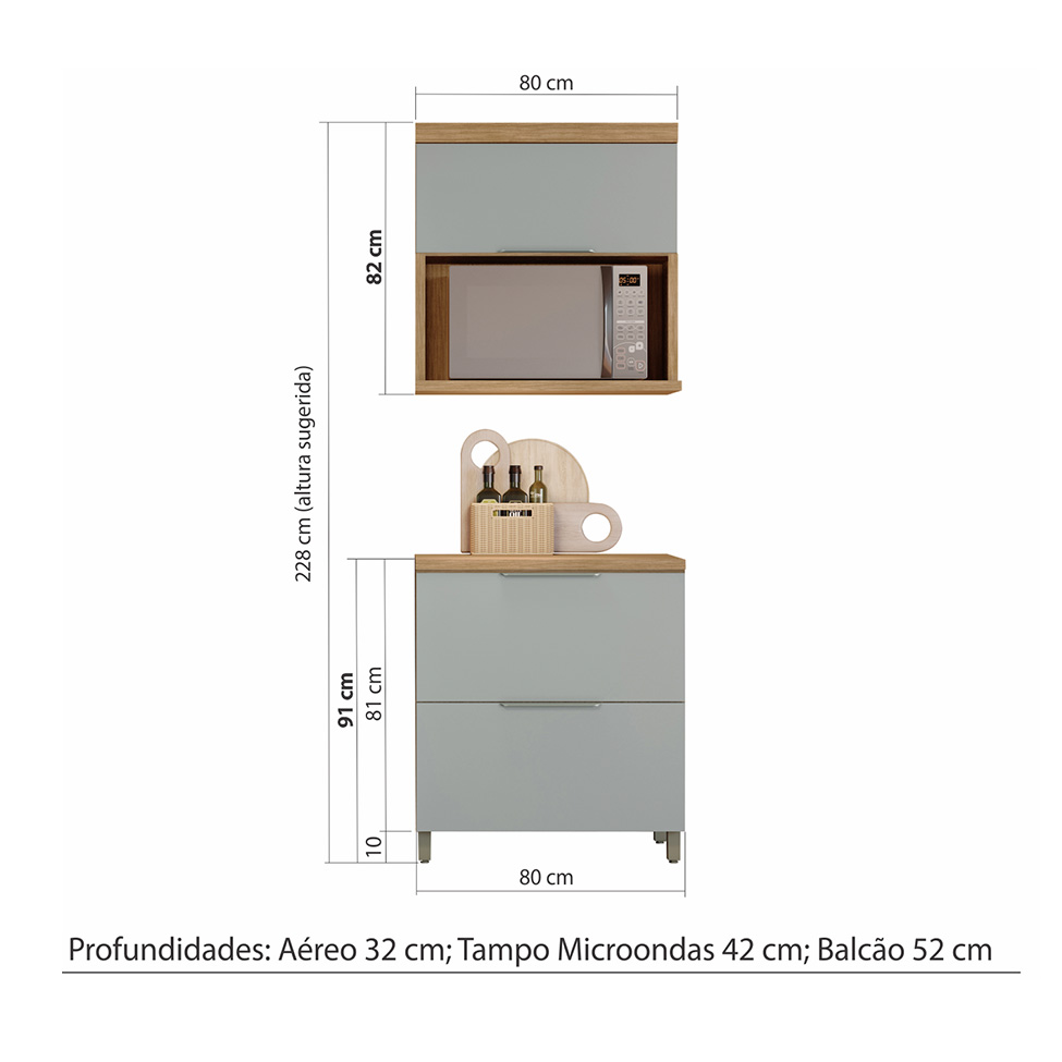 Kit de Cozinha Marquesa 100% MDF 2 Portas 1 Gavetas Verde e Nature