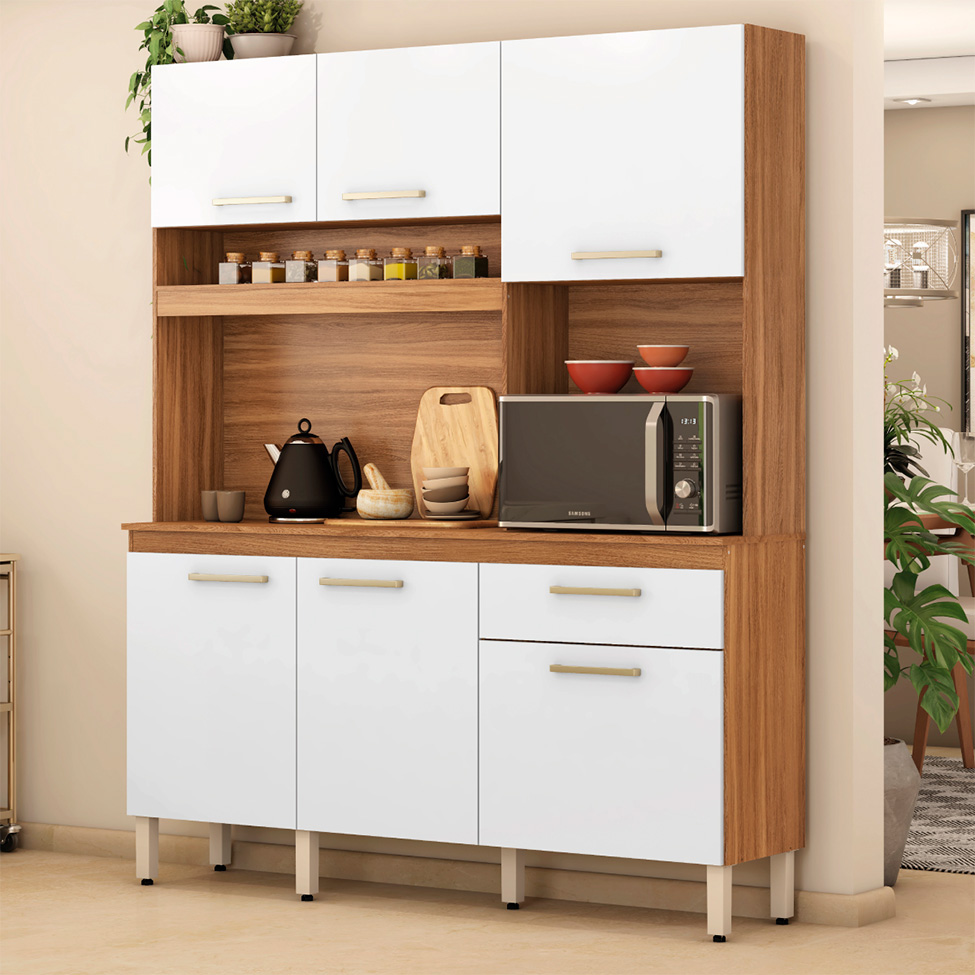 Kit de Cozinha Texas 6 Portas 1 Gaveta Amêndola e Branco