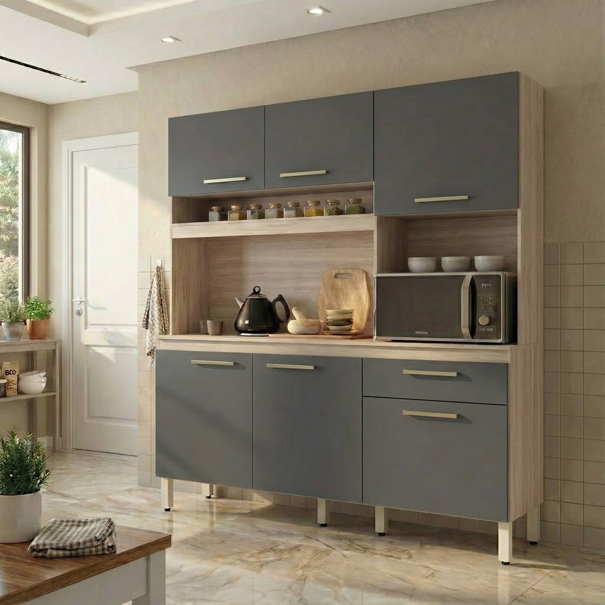 Kit de Cozinha Texas 6 Portas 1 Gaveta Avena e Grafite