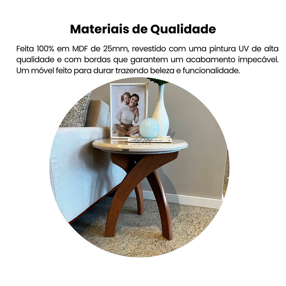 Mesa Lateral Redonda Jade Cinamomo e Off White 52 cm