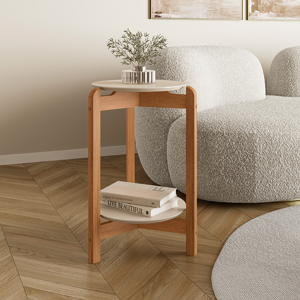 Mesa Lateral Redonda Lizz Off White e Cedro