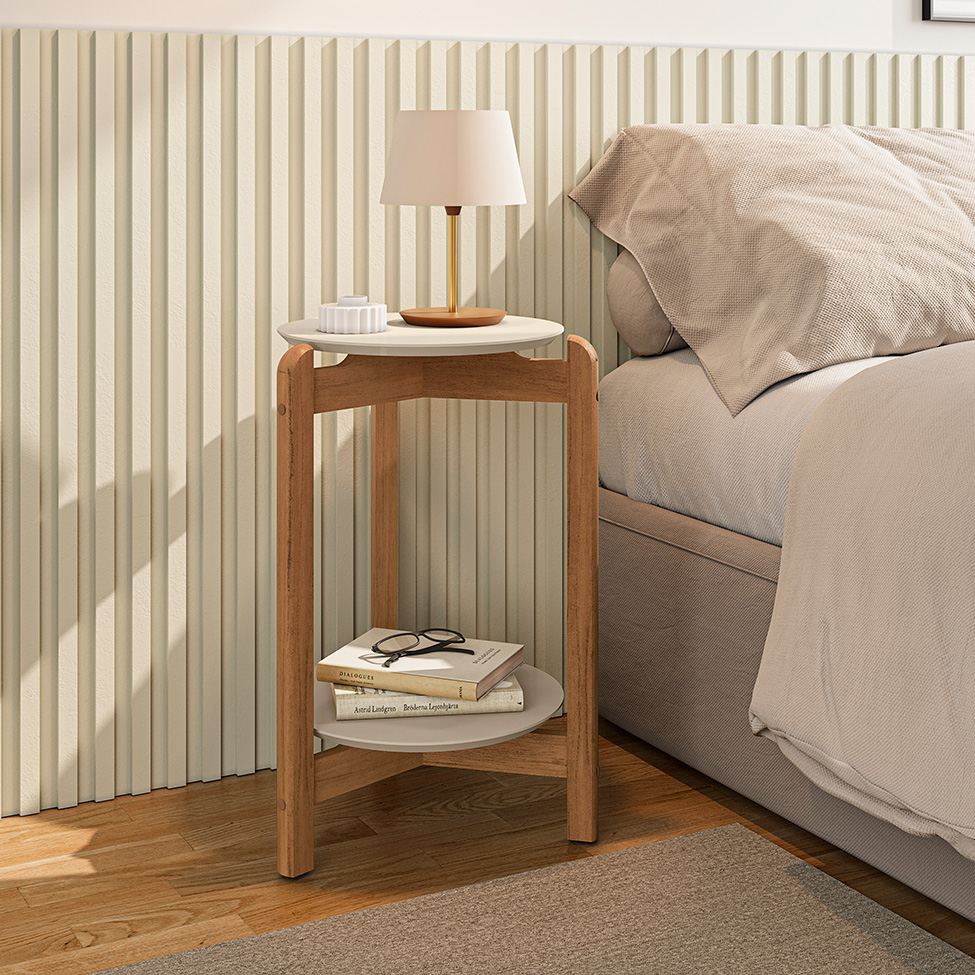 Mesa Lateral Redonda Lizz Off White e Cedro