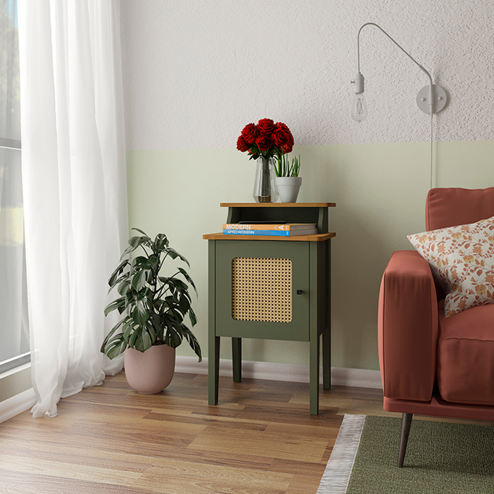 Mesa Lateral Retangular Charlotte 1 PT Verde Menta e Carvalho