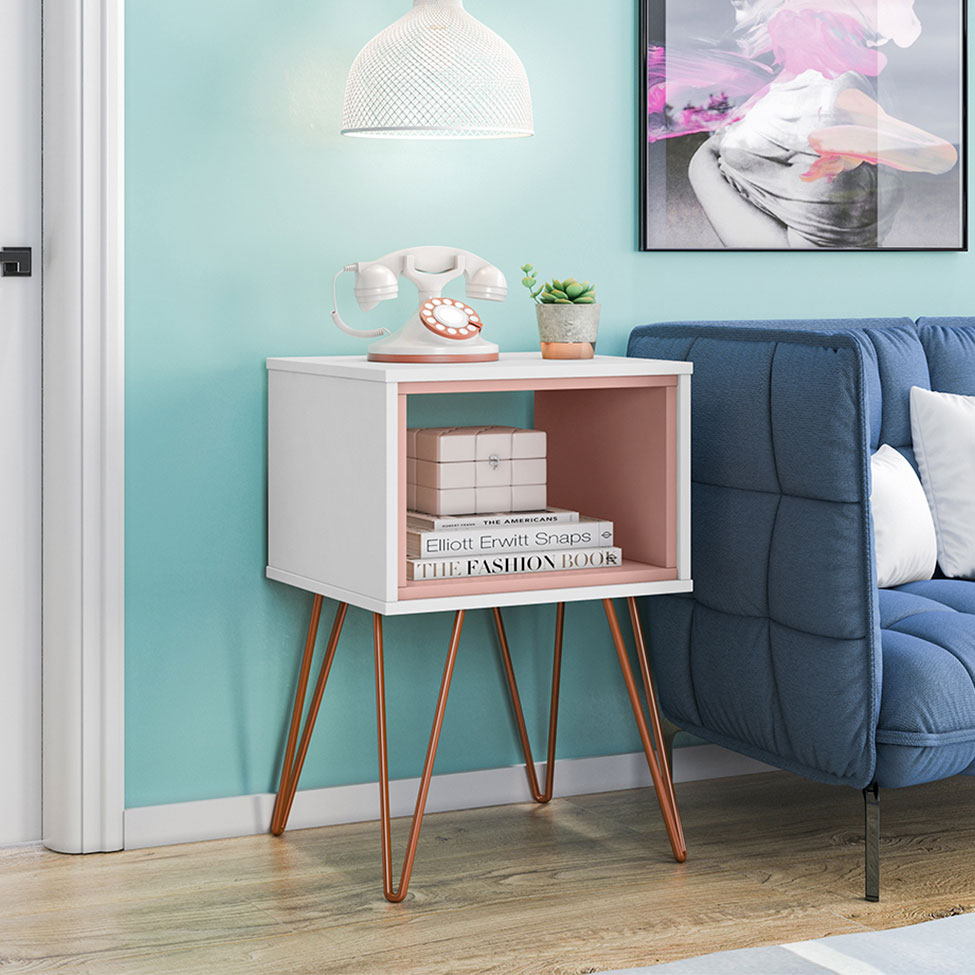 Mesa Lateral Retangular Dallas Branca e Rosé