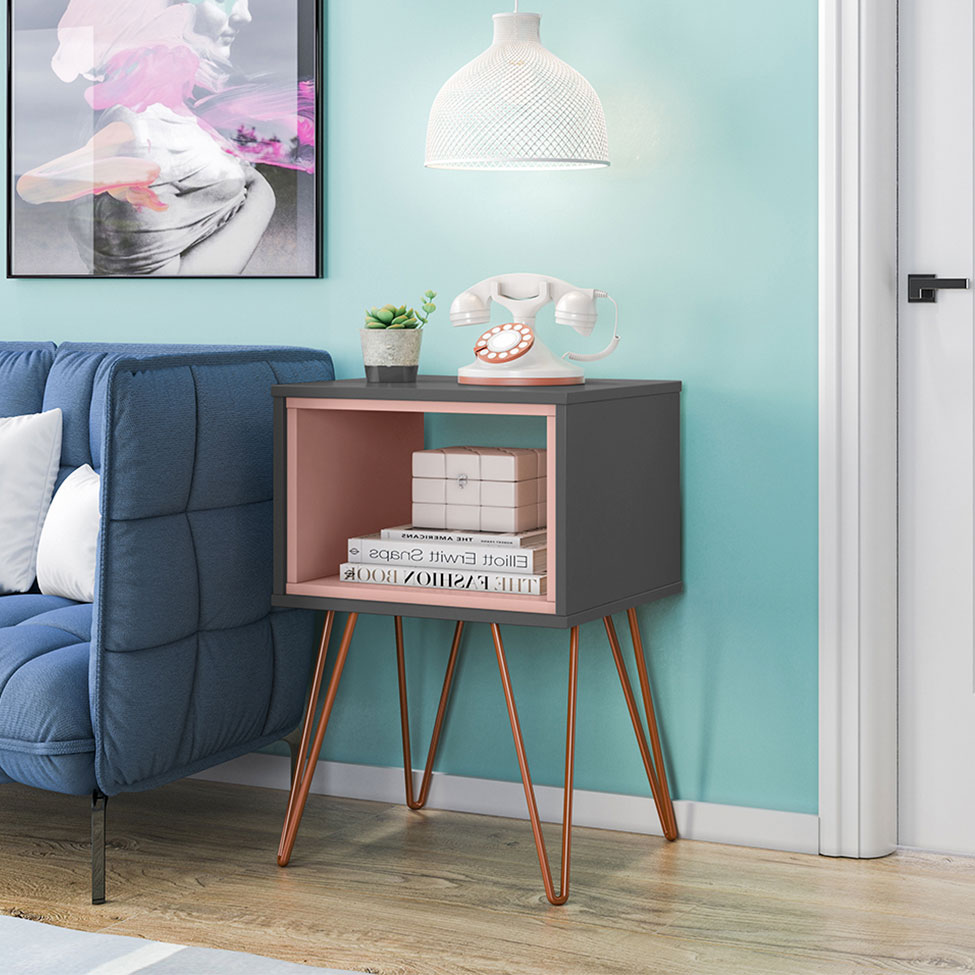 Mesa Lateral Retangular Dallas Grafite e Rosé