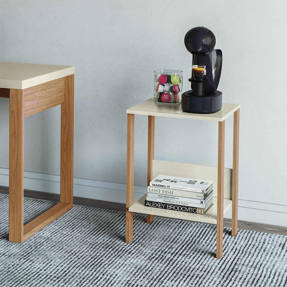 Mesa Lateral de Escritório Lanes 100% MDF Off White e Freijó 40 cm
