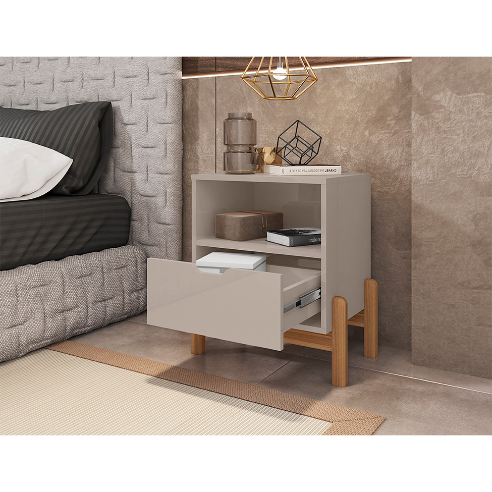 Mesa de Cabeceira Antares 1 Gaveta Off White e Cedro