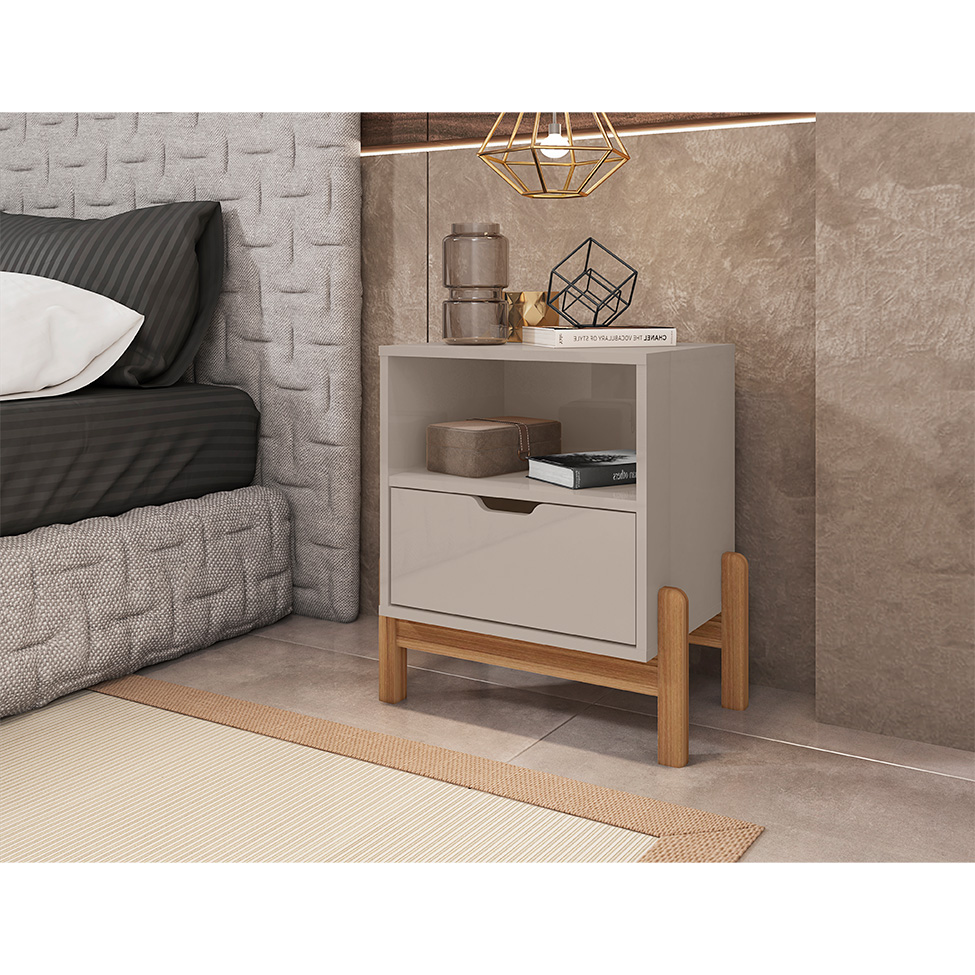 Mesa de Cabeceira Antares 1 Gaveta Off White e Cedro