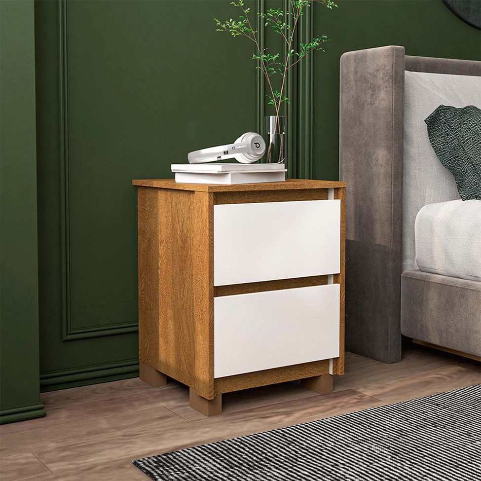 Mesa de Cabeceira Coimbra 2 Gavetas Freijó e Off White